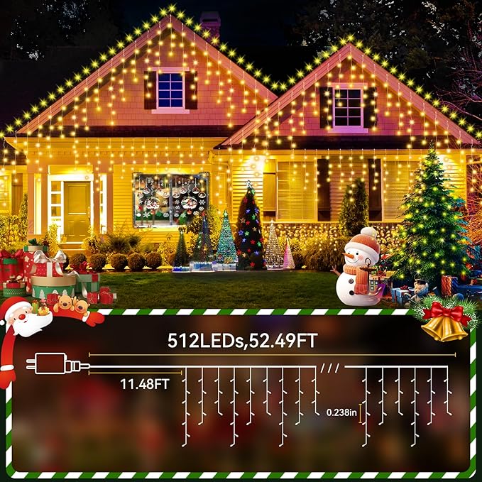52FT 512LED Christmas Lights Outdoor Waterproof Curtain Lights with 8 Modes Timer Hanging Fairy Lights Plug in String Lights for Holiday Wedding Party Decoration(Warm White)