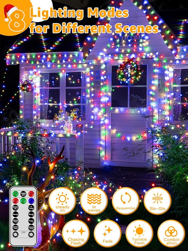 300 LED 98 FT Christmas Lights, Waterproof Outdoor String Lights with Remote and Timer, Christmas Tree Lights with 8 Modes Dimmable, Fairy Lights for Holiday Decor (Multicolor)