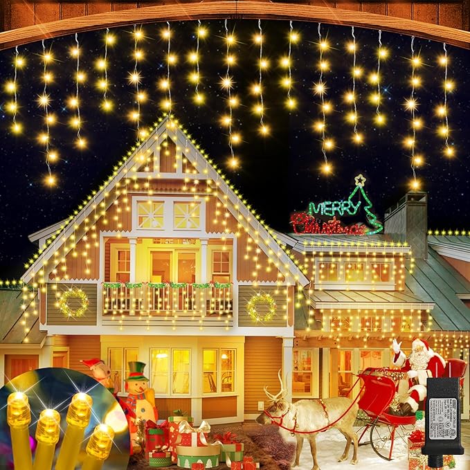 52FT 512LED Christmas Lights Outdoor Waterproof Curtain Lights with 8 Modes Timer Hanging Fairy Lights Plug in String Lights for Holiday Wedding Party Decoration(Warm White)