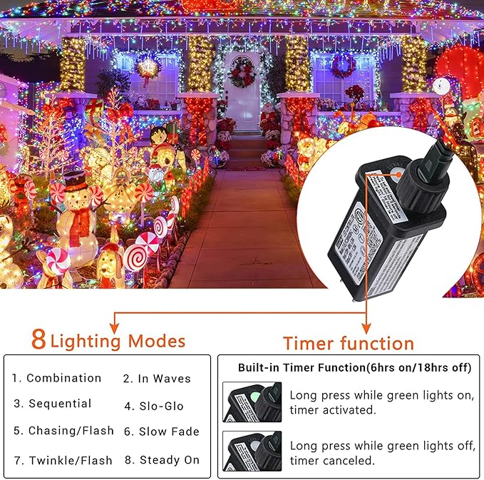 338Ft Christmas Lights Outdoor, 1000 LED Christmas String Lights with 8 Modes, Timer, Waterproof Fairy Twinkle Lights for Party, Garden, Wedding, Holiday, Weddings, Xmas Tree Decorations (Multicolor)
