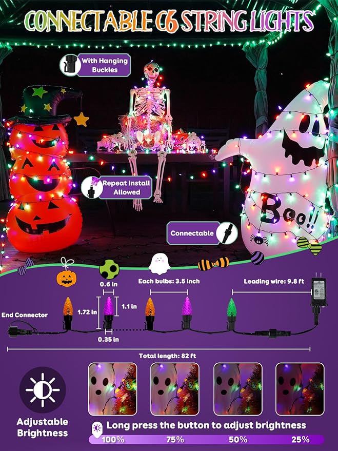 Upgraded 250 LED C6 Connectable Halloween String Lights, 82FT Orange Purple and Green Lights, Waterproof Fairy Twinkle Light Plug in with 13 Modes & Timer for Outdoor Indoor Halloween Decorations