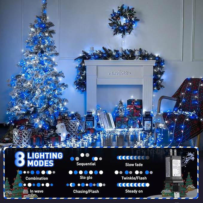 JMEXSUSS Blue and White String Lights Outdoor Indoor, 200 LED Christmas String Lights Clear Wire, 66ft Christmas Lights Plug in for Bedroom Tree Room Party Decorations