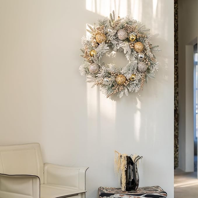 YULETIME 24" Christmas Wreath, Artificial Holiday Wreath with Baubles, Berries, Leaves, Spruce Branches, Snowy Pine Needles (Gold Bauble)