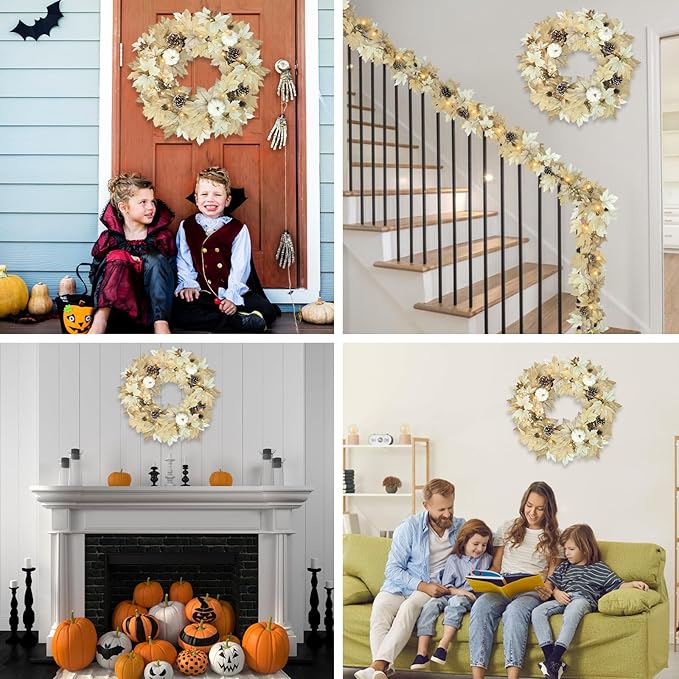 Fall Wreath with Lights 22 Inch - Fall Wreaths for Front Door Thanksgiving Halloween with Fall Home Decorations Autumn Wreath for Indoor Outdoor Wall Festival Decor