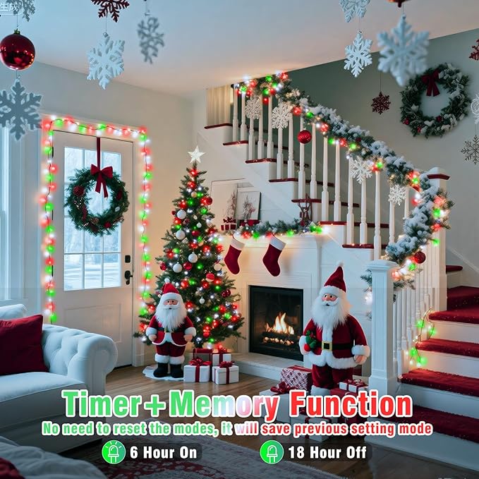200 LED Christmas Lights Outdoor Indoor 66FT String Lights Indoor Clear Wire 8 Modes Plug in Twinkle Fairy Lights for Bedroom Christmas Tree Party Decorations, Red White&Green