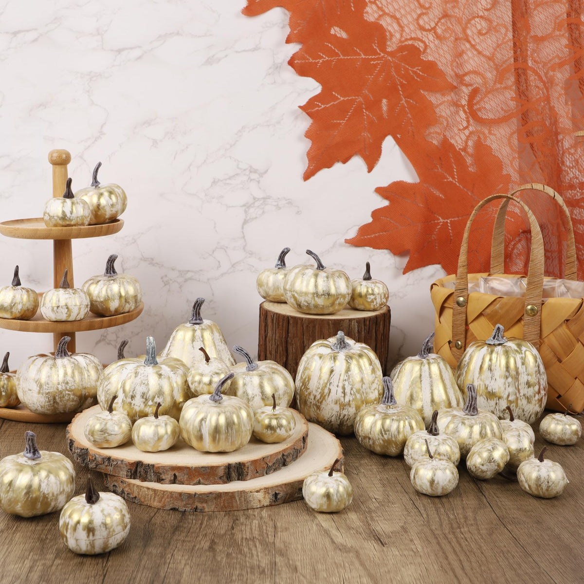 winemana 46 Pcs Assorted Size Artificial Pumpkins Fall Decorations, Gold Foam Pumpkin Autumn Decor, Decorative Faux Pumpkin for Halloween Thanksgiving Table Centerpiece Mantle Bowl Wedding Party
