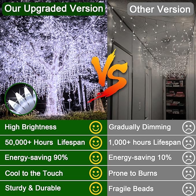 1296 LED 131FT Christmas Lights 288 Drops, Outdoor Hanging lights with 8 Modes & Timer, Plug in Curtain String Light Outdoor Waterproof for House Tree Holiday Wedding Party Outside Decor (Cool White)