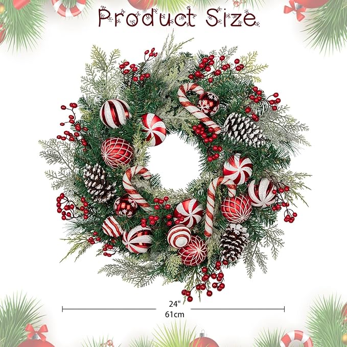 24 inch Christmas Door Wreath, Norfolk Pine Wreaths for Front Door with Candy Cane Red and White Ball Pinecones Berries for Fireplace Xmas Decorations, Wall Window Indoor Outdoor Decor