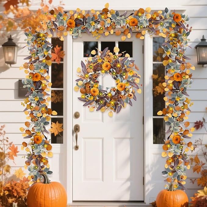 Fall Garland with Lights, 6FT Fall Leaves Garlands, Artificial Eucalyptus Garland with Pumpkins Berries for Home Mantle Fireplace Decor Thanksgiving Christmas Party Autumn Decoration (6FT)