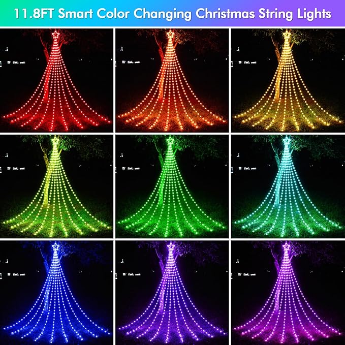 Outdoor Christmas Decorations, 11.8FT RGB Color Changing Christmas Hanging Waterfall String Lights with Star, APP Remote Control, DIY Multi-Color Lightshow, Music Sync, Xmas New Year Decor
