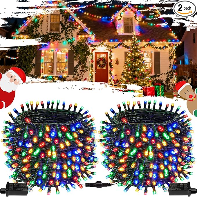 2-Pack Connectable Christmas Lights Outdoor, Total 164FT 400LED Christmas String Lights Waterproof with 8 Modes & Timer, Green Wire Twinkle Lights for Xmas Tree Decorations Outdoor Indoor, Multicolor