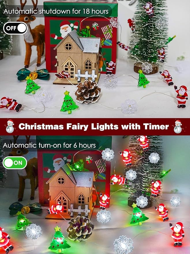 Christmas String Lights Decoration, 10ft 30LED Christmas Tree Santa Snowflake Fairy Lights Battery Operated with Remote, 8 Modes & Timer, Twinkle Light for Xmas Tree Party Indoor Outdoor Decoration