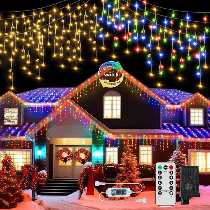 600 LED Christmas Icicle Lights Plug-in, 59ft + 16ft Multi Color Hang Icicle String Lights with Remote, 8 Modes Colorful Twinkle Icicle Fairy Lights Waterproof for Outside Eave Window Outdoor Decor