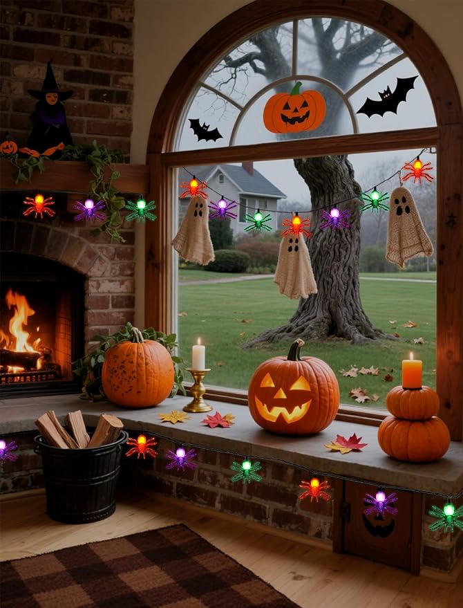 Sparkling Halloween String Lights, 12ft 20 LED Glitter Spiders, UL Certified Plug in Indoor Halloween Decor for Home, Mantle, Window & Party