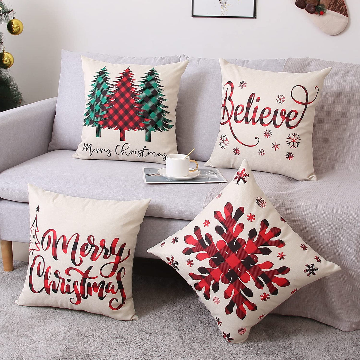 Coeufuedy Christmas Pillow Covers 18x18 Set of 4 Farmhouse Pillow Covers Holiday Rustic Linen Pillow Case Christmas Decor Pillowcase for Sofa Couch Bed and Car