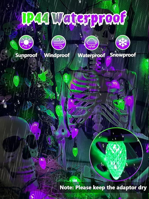 2 Pack 100LED Purple and Green C9 Halloween Lights Indoor Outdoor, 66 FT String Lights Extendable Waterproof Plug in LED Strawberry Lights Halloween Decorations for Black Tree Garden Patio Party Yard