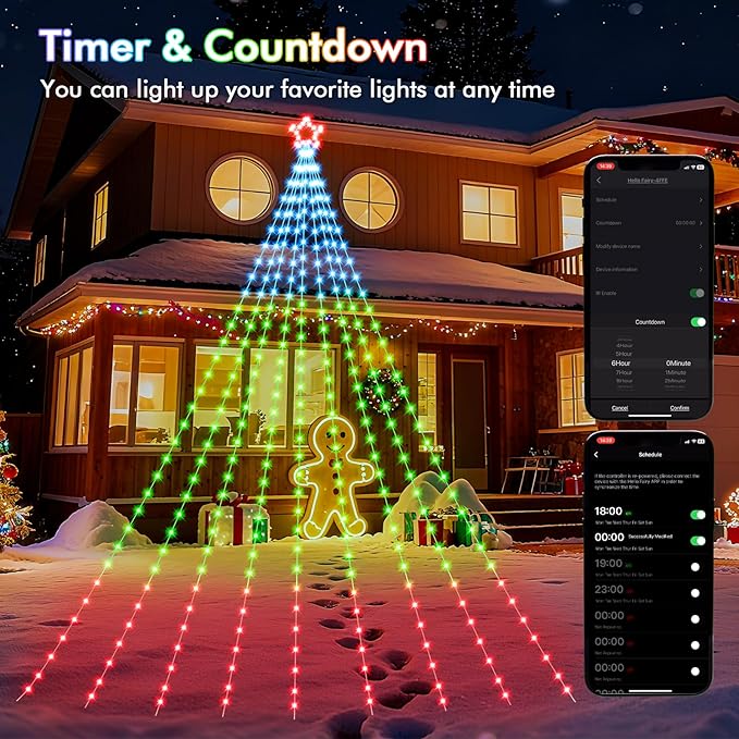 Outdoor Christmas Decorations, 16.4FT RGB Color Changing Christmas Hanging Waterfall String Lights with Star, APP Remote Control, DIY Multi-Color Lightshow, Music Sync, Xmas New Year Decor