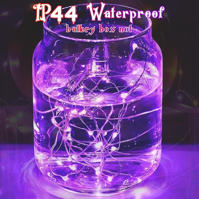 4-Pack 50 LED Fairy Lights Battery Operated with Timer, 16FT Waterproof Halloween String Lights Outdoor Indoor LED Starry Lights for Halloween Parties Bedroom Home Centerpiece DIY Decorations (Purple)