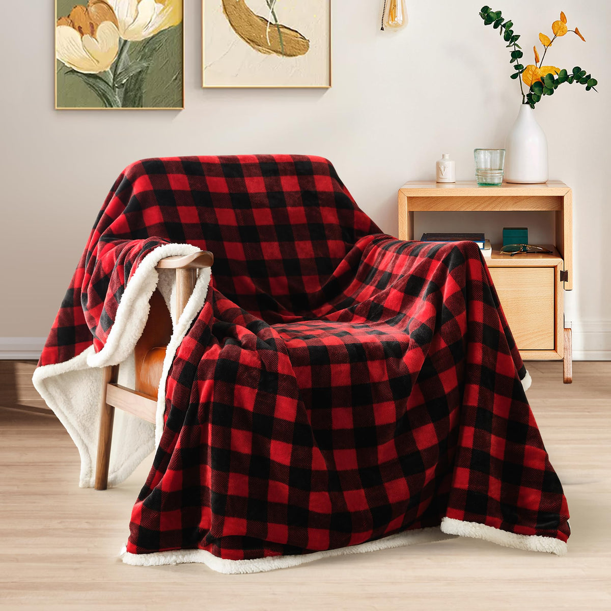 BEAUTEX Christmas Sherpa Fleece Throw Blanket, Super Soft Warm Buffalo Plaid Plush Blankets and Throws, Warm Winter Cozy Fuzzy Blanket for Couch Sofa Bed (Red, 50" x 60")