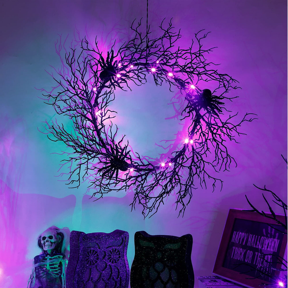 Adroiteet 24 Inch Halloween Wreath for Front Door - Lighted Black Spider Wreath with Purple LED Lights, Outdoor/Indoor Spooky Decorations for Halloween Party, Porch, Holiday Home Decor