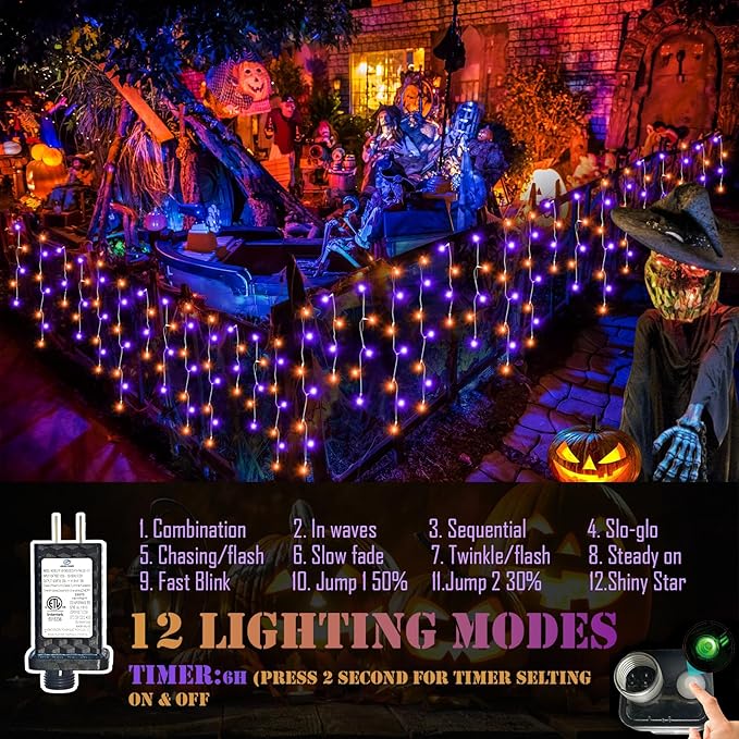 52FT Outdoor Halloween Lights, 480LED Purple and Orange Halloween Lights 12 Lighting Modes with Timer Memory Waterproof, String Lights for Outside, Party, Holiday, Garden Decor