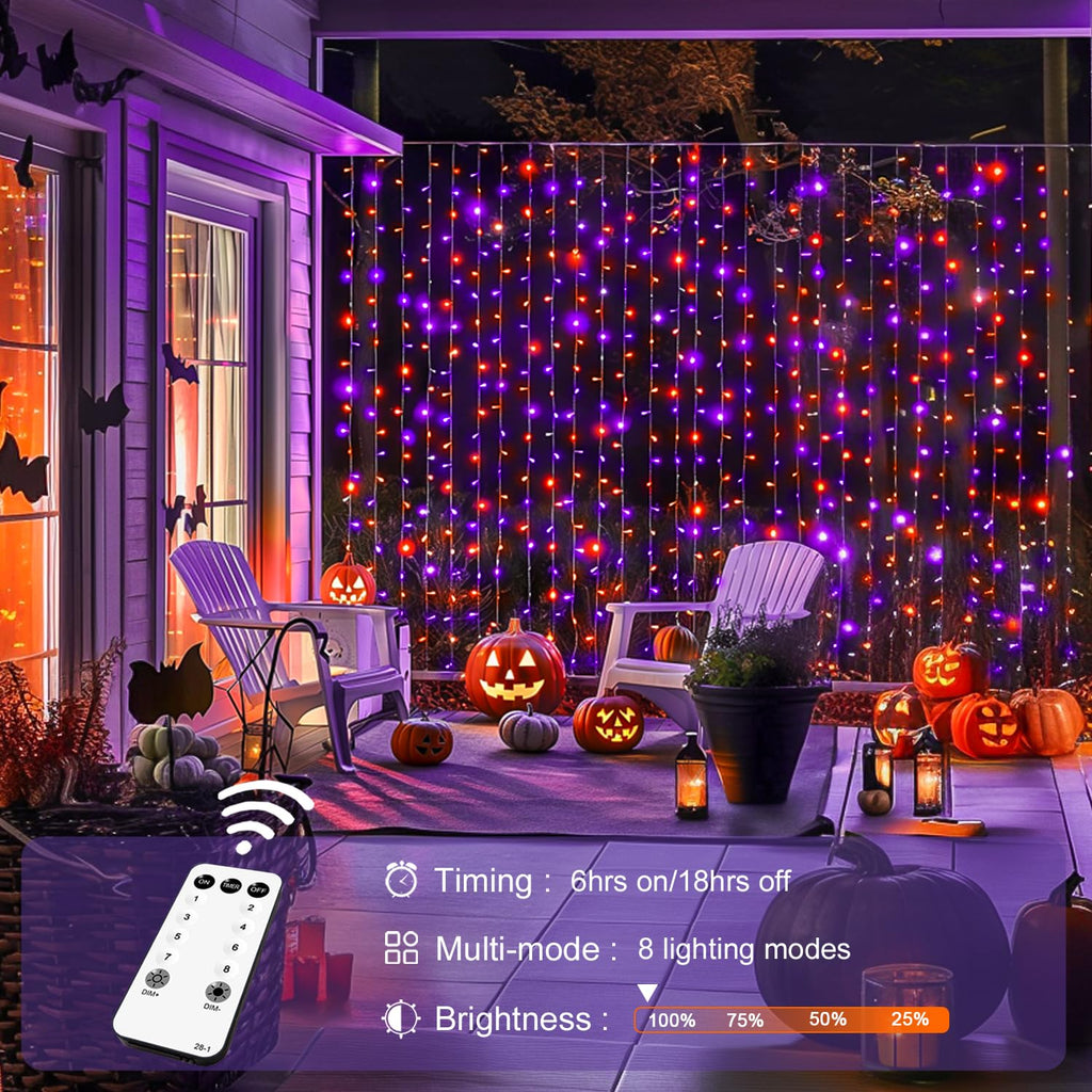 JMEXSUSS 300LED Orange and Purple Halloween Curtain Lights with Remote, 9.8x9.8ft Window Twinkle Hanging String Lights Plug in, Halloween Lights for Bedroom Wall Party Backdrop Indoor Outdoor Decor