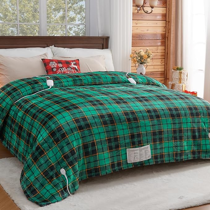 Heated Electric Blanket Queen Size, 84X90 Christmas Blanket With Dual Control&10 Heats Levels&Timer For Bed,Green Plaid Sherpa Heating Blankets Queen Warmer Gift for Grandma Women Adults, Washable