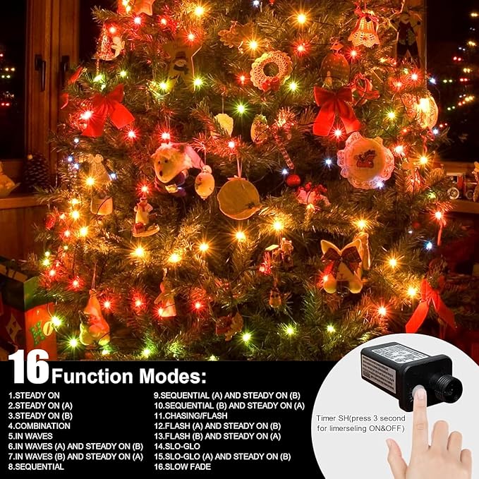 LAMPHOME 66ft Christmas Decorative Mini Lights, 200 LED Transparent Wire Fairy Starry String Lights Plug in, 12 Lighting Modes for Outdoor Xmas Tree Wedding Party Decoration (Warm and Multicolor)