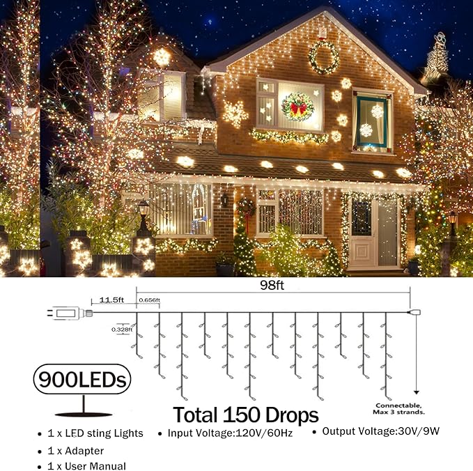 98FT Christmas Lights Outdoor Decorations 900LED Fairy String Light 12 Lighting Modes with Timer Memory Waterproof Christmas Light for Yard Roof Party Holiday Wedding Garden Decor