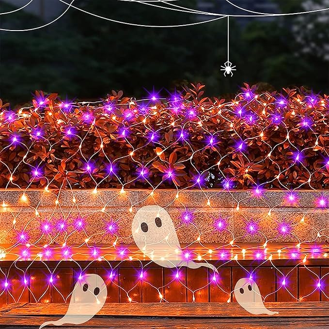 WATERGLIDE Outdoor Halloween Net Lights, 12FT x 5FT 360 LED Fairy String Light with 8 Lighting Modes, Connectable Light Safe Adaptor for Garden Tree Bushes Holiday Party Decorations, Orange & Purple