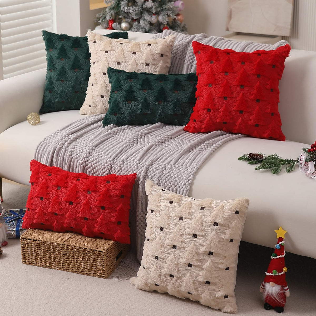 Allorry Christmas Pillow Covers 18x18 inch Set of 2 Xmas Decorations Soft Plush Faux Fur Wool Beige Christmas Tree Throw Pillow Cases Winter Holiday Decor for Sofa Living Room PT-002C18