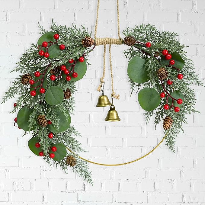 Christmas Wreath for Front Door Artificial Half Circle Wreaths with Bell Pine Cones Red Berries Eucalyptus Leaves Outdoor Wreath for Farmhouse Front Porch Window Christmas Decorations