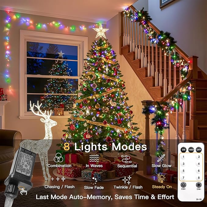 suddus Connectable Christmas Lights with Remote, Multicolor String Lights with Timer, 33ft 100 Led Fairy Lights Plug in for Xmas Tree, Bedroom, Yard, Garden, Party, Indoor, Outdoor Decorations