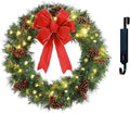 Solar Christmas Wreath 30 Inch Pre-Lit Solar 70 Led Artificial Wreath Outdoor Front Door Window Christmas Decor with Frosted Branches Pine Cones Berry Clusters Red Velvet Bows (3001)