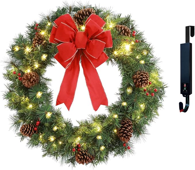 Solar Christmas Wreath 30 Inch Pre-Lit Solar 70 Led Artificial Wreath Outdoor Front Door Window Christmas Decor with Frosted Branches Pine Cones Berry Clusters Red Velvet Bows (3001)