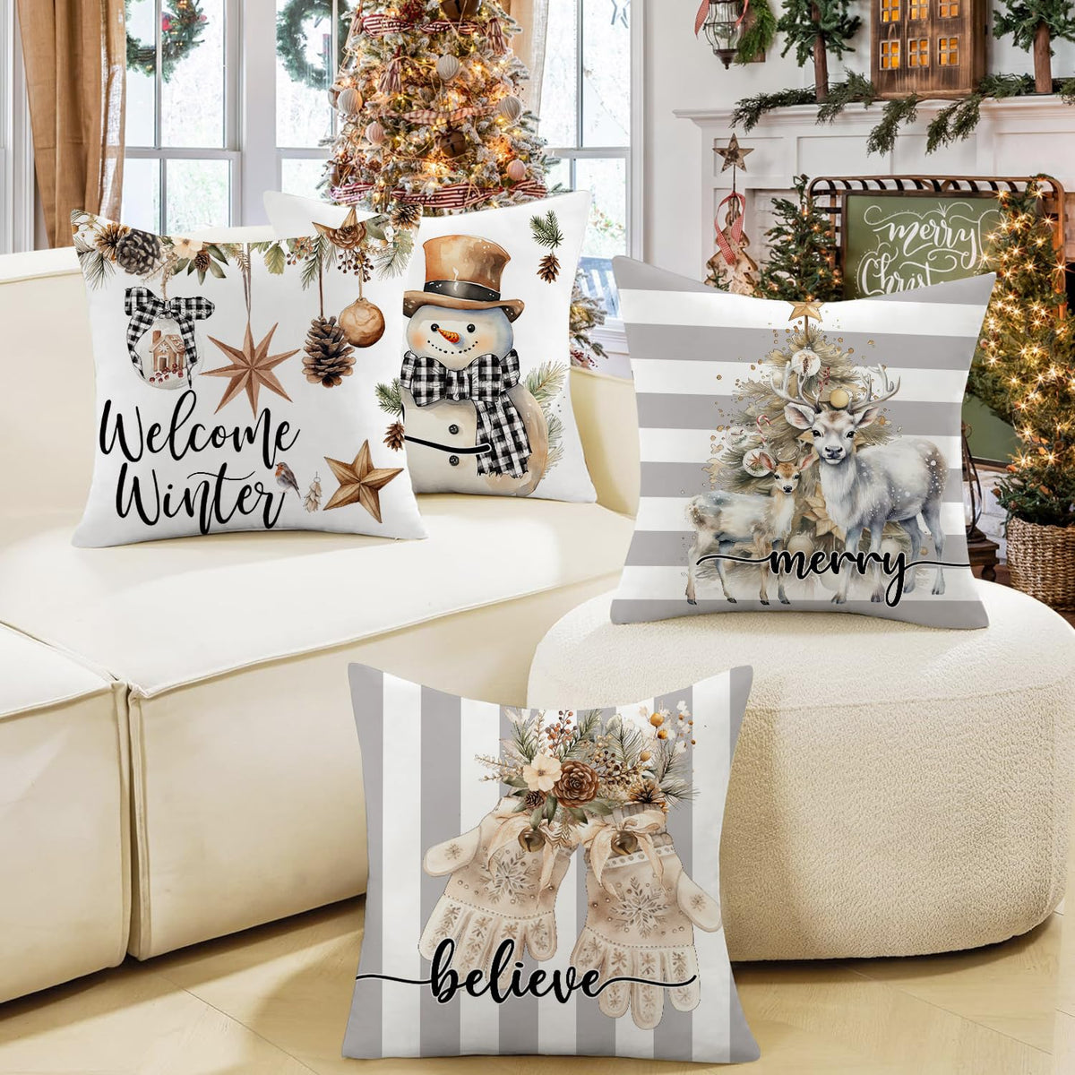 Artmag Christmas Pillow Covers 16x16 inch Set of 4 Snowman Gloves Welcome Winter Grey White Strip Christmas Throw Pillow Covers Winter Farmhouse Decoration for Home