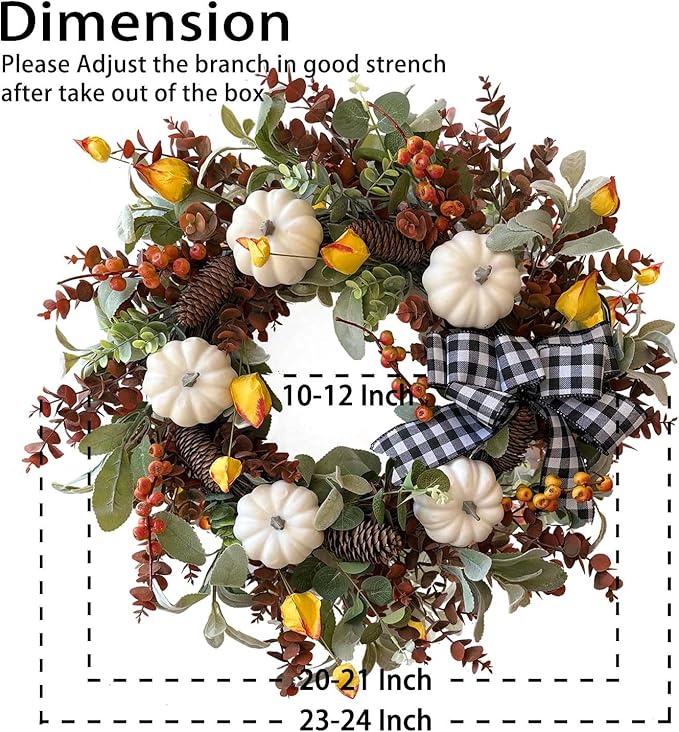 WANNA-CUL 24 inch Large Farmhouse Fall Wreath Decor for Front Door with White Pumpkin,Cotton,Lamb's Ear and Eucalyptus Leaves,Harvest Door Wreath for Autumn or Thanksgiving Decorations