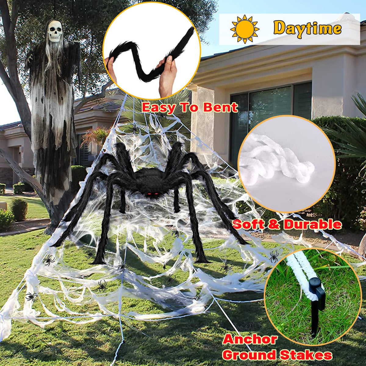 Halloween Decorations Outdoor, 200 LED Halloween Giant Spider Web Lights, 16.4Ft Lighted Spider Web Light up for Yard Haunted House Decor