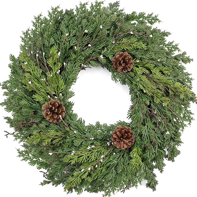 24 Inch Real Touch Lush Christmas Wreaths for Front Door with White Berries/Pine Cone Outdoor Christmas Decorations Winter Wreath Cypress Wreath for Windows Indoor Outside Xmas Home Decor Holiday