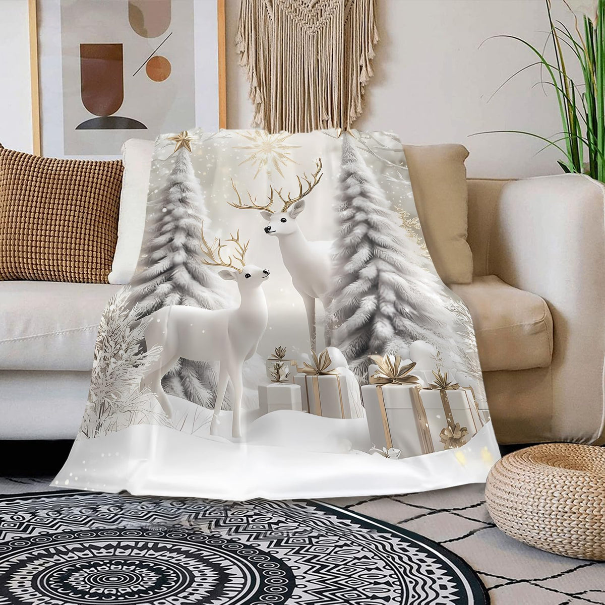 Christmas Reindeer Throw Blanket for Couch Bed Sofa Winter Holiday Cozy Christmas Tree Flannel Blanket with Snow Scene Deer and Pine Trees Farmhouse Christmas Decor Xmas Gifts (Xmas 1, 50''x60'')
