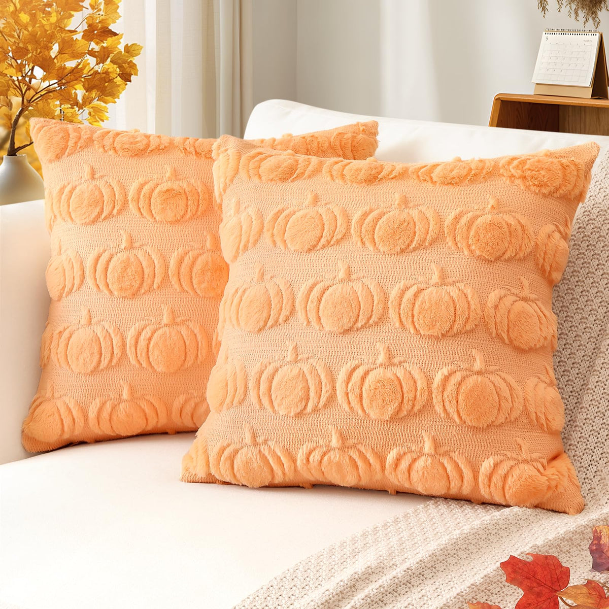 Artscope Fall Pillow Covers 18 x 18 Set of 2 Decorative Autumn Harvest Holiday Pumpkin Throw Pillow Cases Soft Plush Faux Fur Couch Cushion Case for Farmhouse Halloween Sofa Bed Room Decor-Light Gold