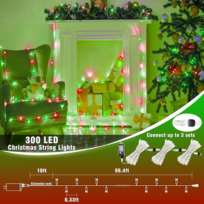 300 LED Christmas Lights Outdoor 100ft Extra Long Christmas String Lights 8 Modes Plug in Waterproof Fairy Lights with Timer Memory for Indoor Outside Bedroom Home Party Decoration, Red&Green