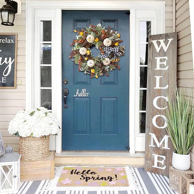 WANNA-CUL 24 inch Large Farmhouse Fall Wreath Decor for Front Door with White Pumpkin,Cotton,Lamb's Ear and Eucalyptus Leaves,Harvest Door Wreath for Autumn or Thanksgiving Decorations