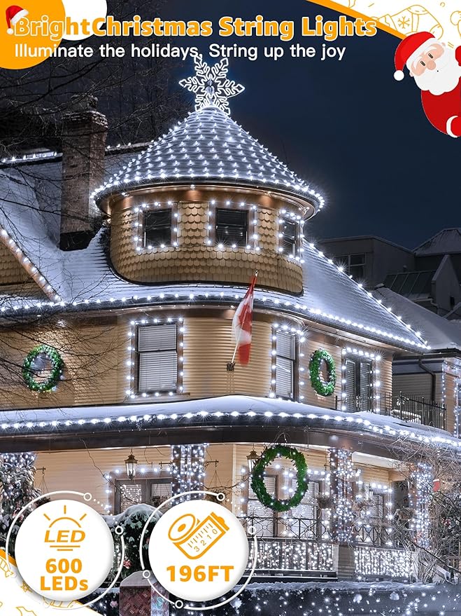 600 LED 196 FT Christmas Lights, Waterproof String Lights with Remote and Timer, Christmas Tree Lights with 8 Modes Dimmable, Fairy Lights for Holiday Decor (Cool White)