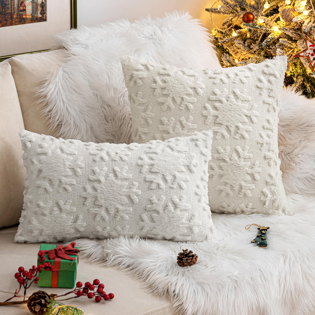 MIULEE Christmas Snowflake Decorative Throw Pillow Covers Set of 2,Soft Fluffy Faux Wool Winter Holiday Couch Pillows for Farmhouse Boho Home Decor Sofa Bed Porch Living Room 16x16 Inch Pure White