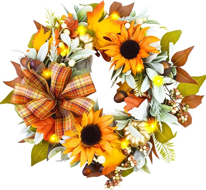 Fall Wreaths for Front Door,Sunflower Autumn Wreath with Lights,Pumpkins and Bows,for Thanksgiving Halloween Farmhouse Indoor Outdoor Outside (Yellow Sunflower)