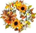 Fall Wreaths for Front Door,Sunflower Autumn Wreath with Lights,Pumpkins and Bows,for Thanksgiving Halloween Farmhouse Indoor Outdoor Outside (Yellow Sunflower)