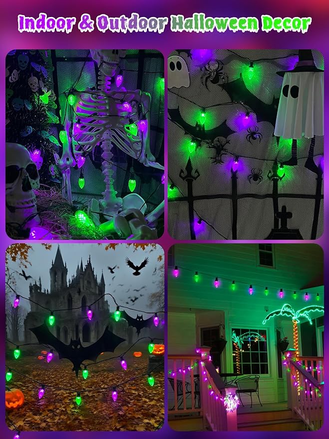 2 Pack 100LED Purple and Green C9 Halloween Lights Indoor Outdoor, 66 FT String Lights Extendable Waterproof Plug in LED Strawberry Lights Halloween Decorations for Black Tree Garden Patio Party Yard