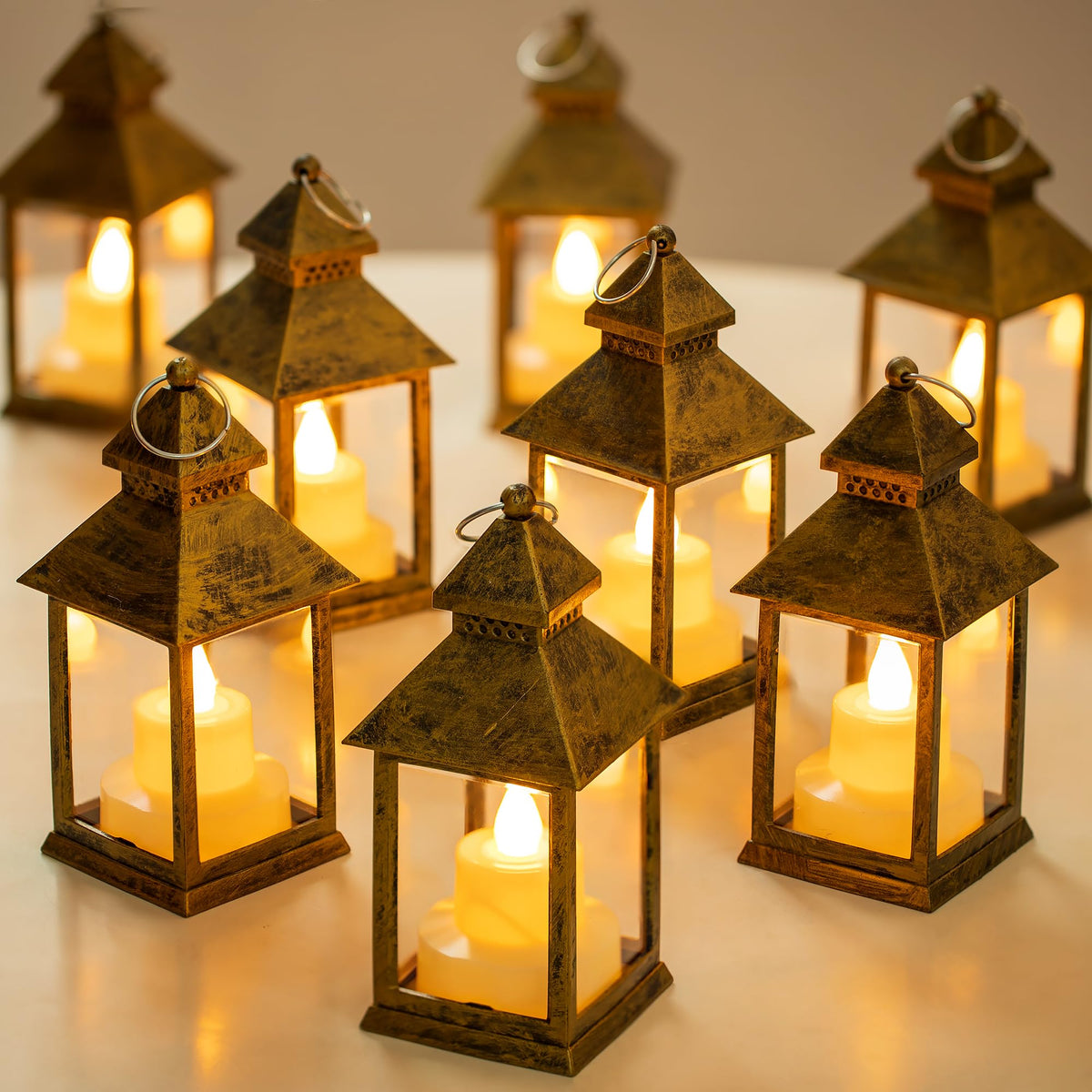 Romadedi Mini Lanterns Decorative for Centerpiece -10 PCS Hanging Small Gold Lantern Bulk with Flickering LED Candles for Wedding Table Decor Halloween Decorations Christmas, Batteries Included
