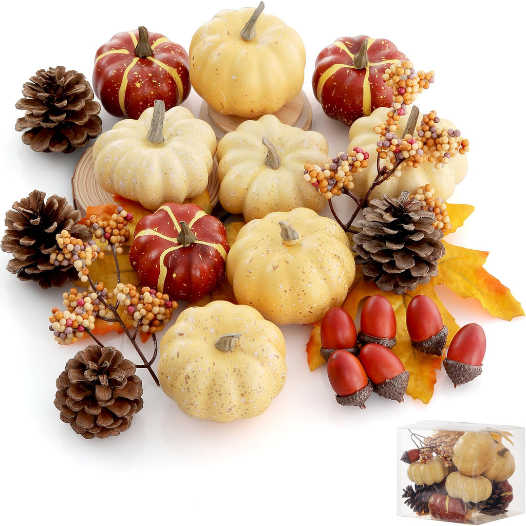 Artgar Pumpkin Decor Set, 23 PCS Fall Harvest Decorations Including Mini Pumpkins, Acorns, Pinecones, Berries, Maple Leaves for Home Table Wedding DIY Fall Halloween Thanksgiving Decor